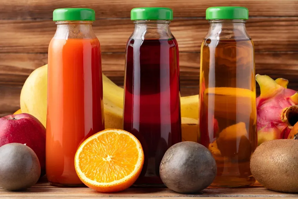 Bouteilles de jus colorés entourées de fruits frais, agrumes, kiwi et grenade, illustrant les super-aliments