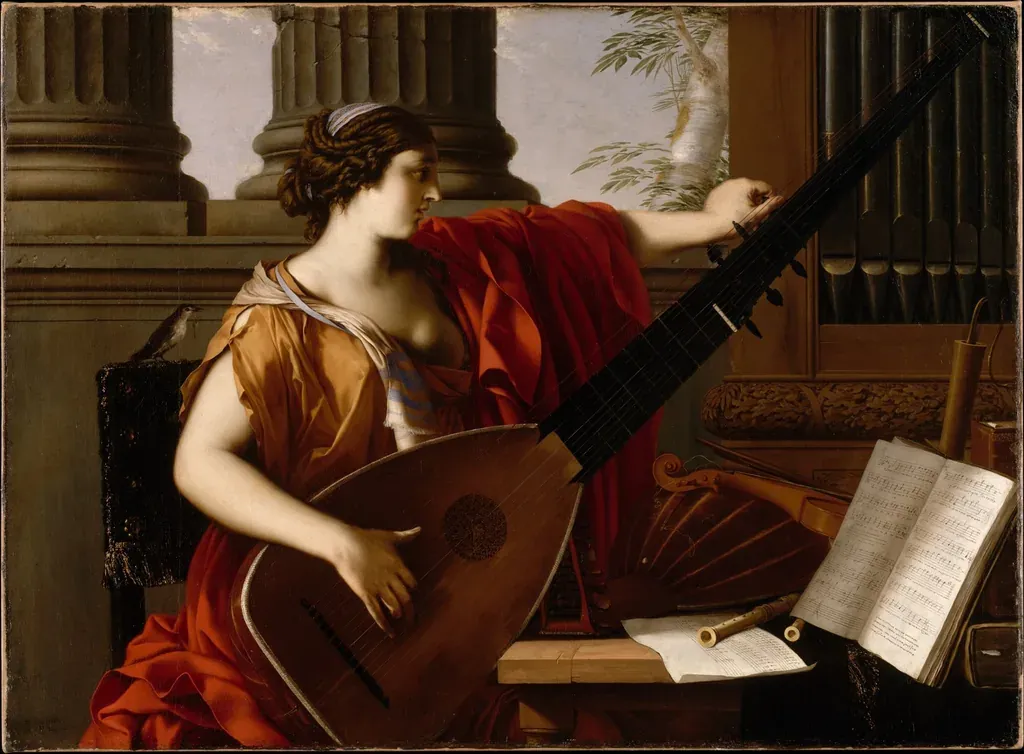 Peinture ancienne : une femme joue du luth devant une partition