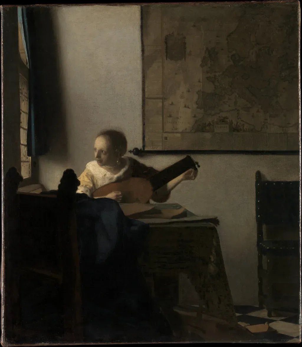 Peinture : une femme joue de la musique dans un intérieur paisible