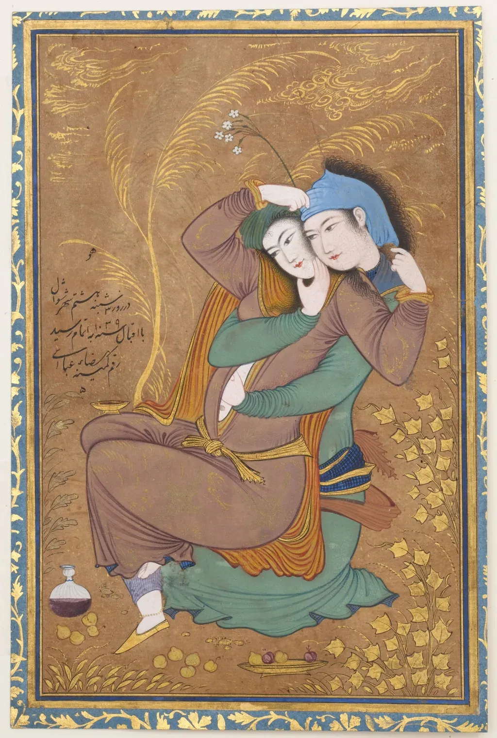 Miniature persane : deux amants enlacés, oeuvre de Riza-yi Abbasi (1630)