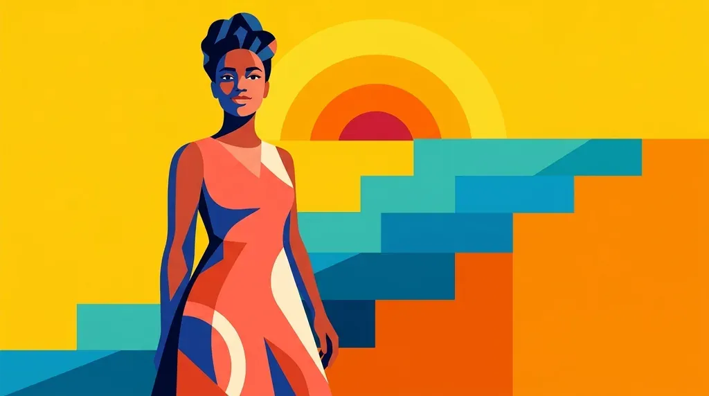 Illustration graphique aux aplats vifs : une femme debout, redressée et confiante, dans un décor géométrique jaune et bleu électrique.