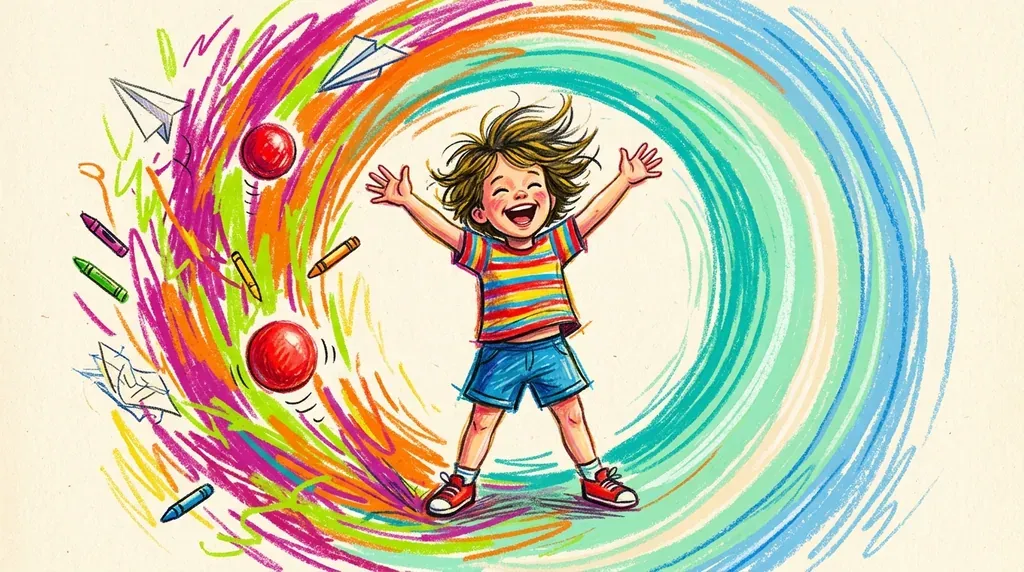 Illustration au pastel gras : un jeune enfant riant, bras écartés, entouré d'un anneau de couleurs qui passe du tourbillon explosif à la spirale apaisée.