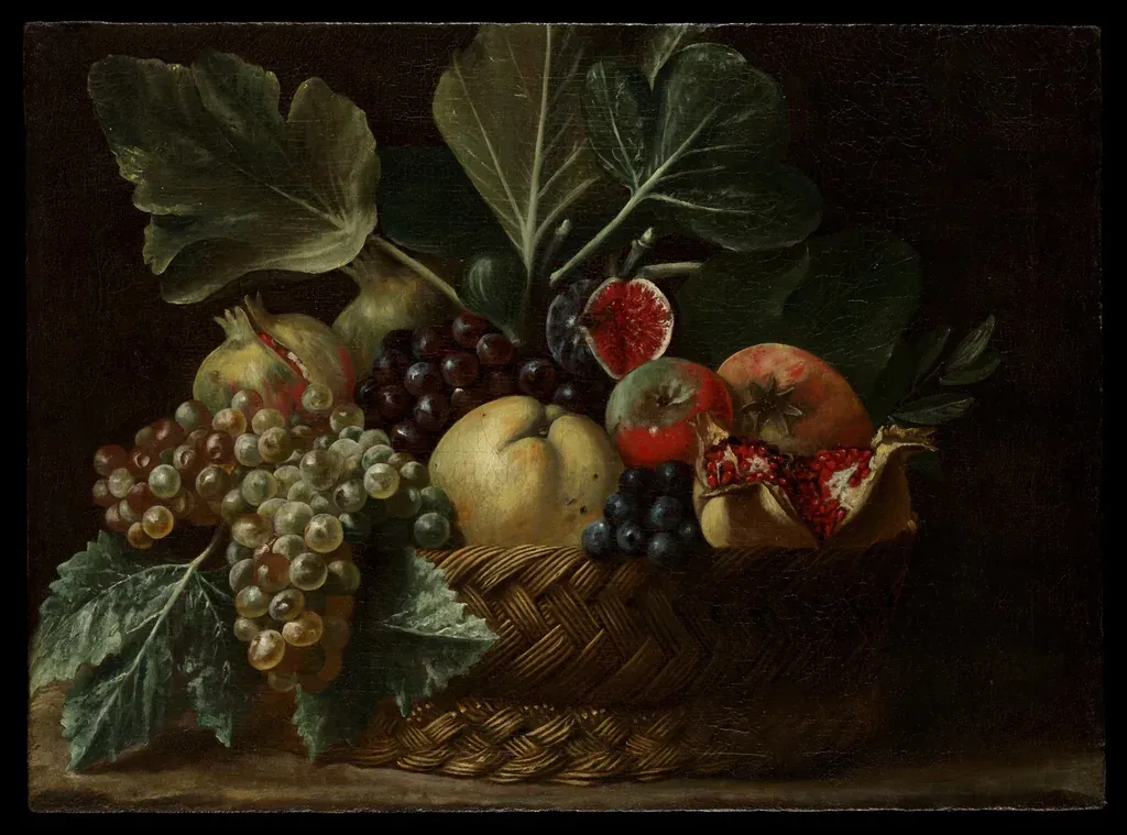 Nature morte : panier de fruits variés, raisins, figues et grenades