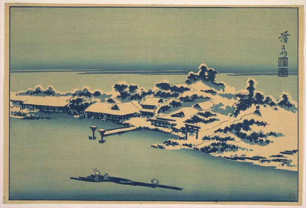 Estampe japonaise représentant un village enneigé au bord de l'eau, à la tombée du jour