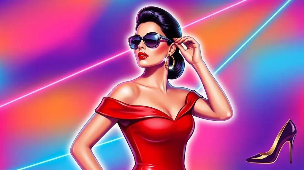 Illustration à l'aérographe façon années 80 : une femme en robe rouge et lunettes de soleil, épaules dénudées, dégradés laqués rose et cyan