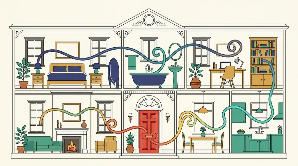Illustration ligne claire : coupe d'une maison où des rubans de couleur figurent la circulation de l'énergie d'une pièce à l'autre.