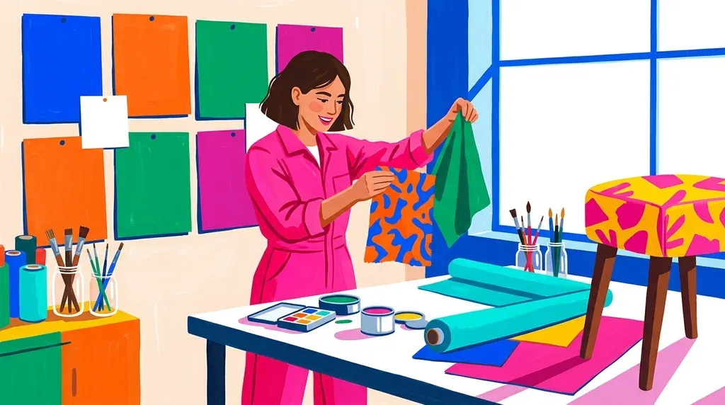 Gouache contemporaine très colorée : une femme en combinaison rose compare deux échantillons de tissu dans son coin atelier, devant un mur de cartes de couleur.