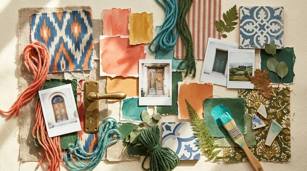 Collage de matières : échantillons de tissu, nuancier, photos de voyage et brins de laine composant une planche d'inspiration déco.