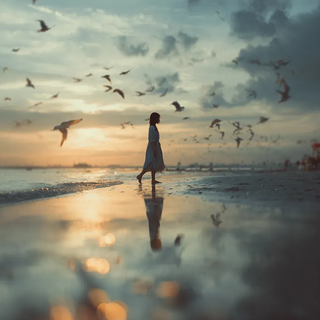 Silhouette d'une femme marchant sur une plage tunisienne au coucher du soleil, entourée d'oiseaux