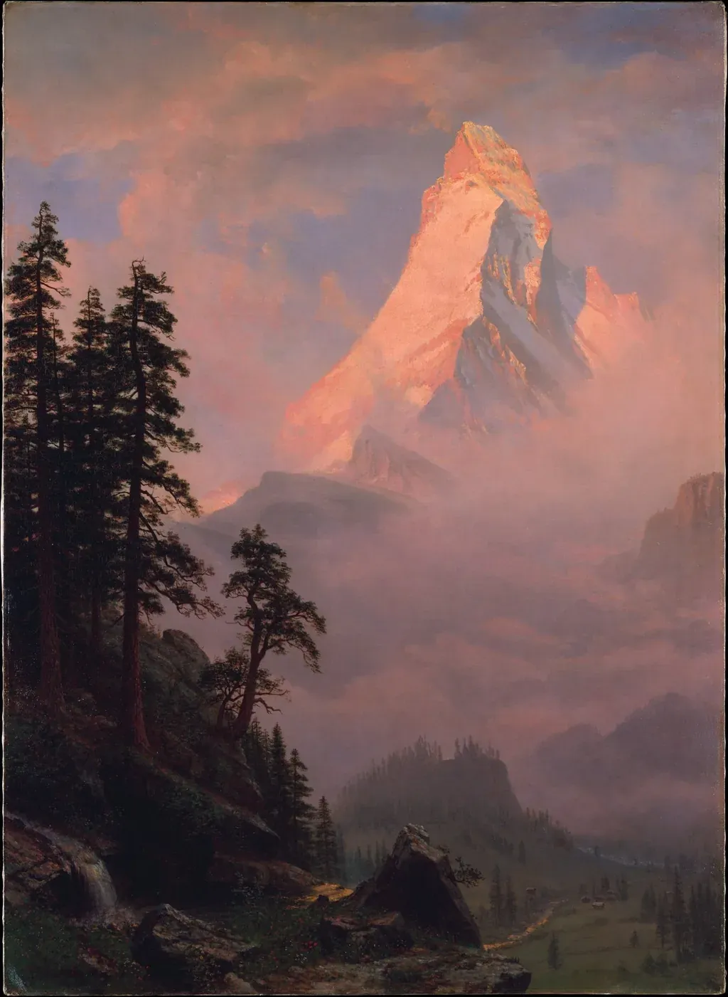 Peinture de lever de soleil sur une montagne enneigée, lumière dorée et sereine