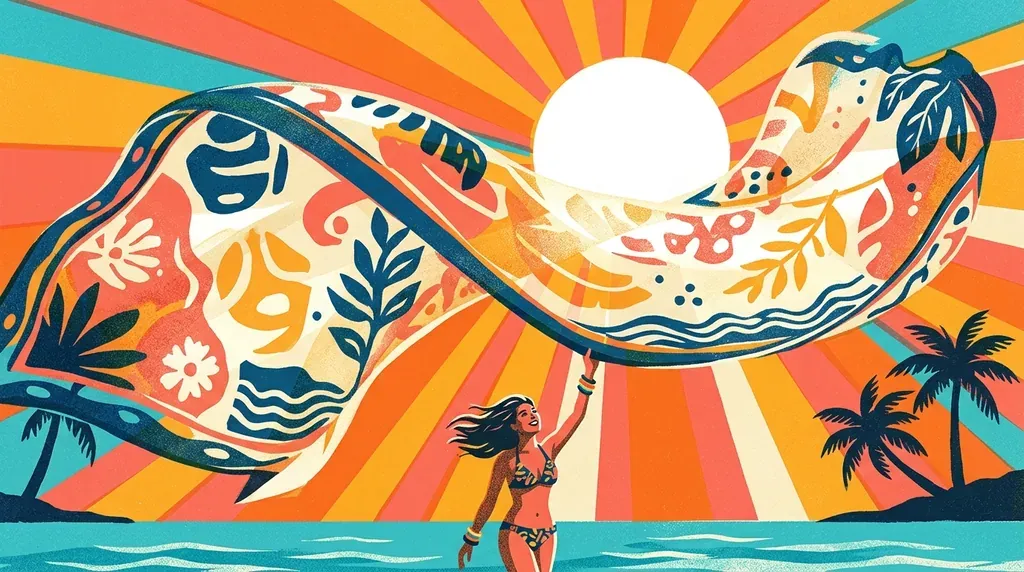 Affiche sérigraphiée : une femme sur la plage, son paréo turquoise et corail déployé par le vent, mer et soleil en aplats vifs