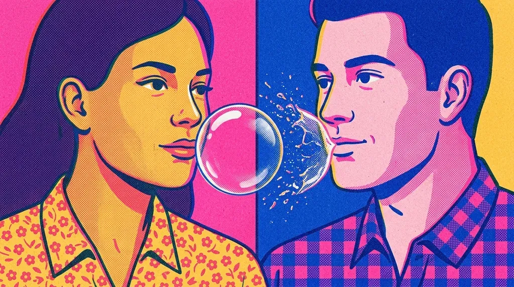 Sérigraphie en trois couleurs : une femme et un homme séparés par de grandes bulles roses qui éclatent, symboles des mythes de l'amour