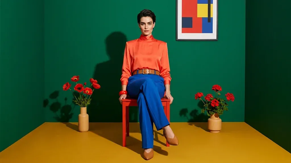 Photographie de mode : une femme en tenue color-block bleu Klein et rouge devant un fond partagé en deux champs de couleur contrastée