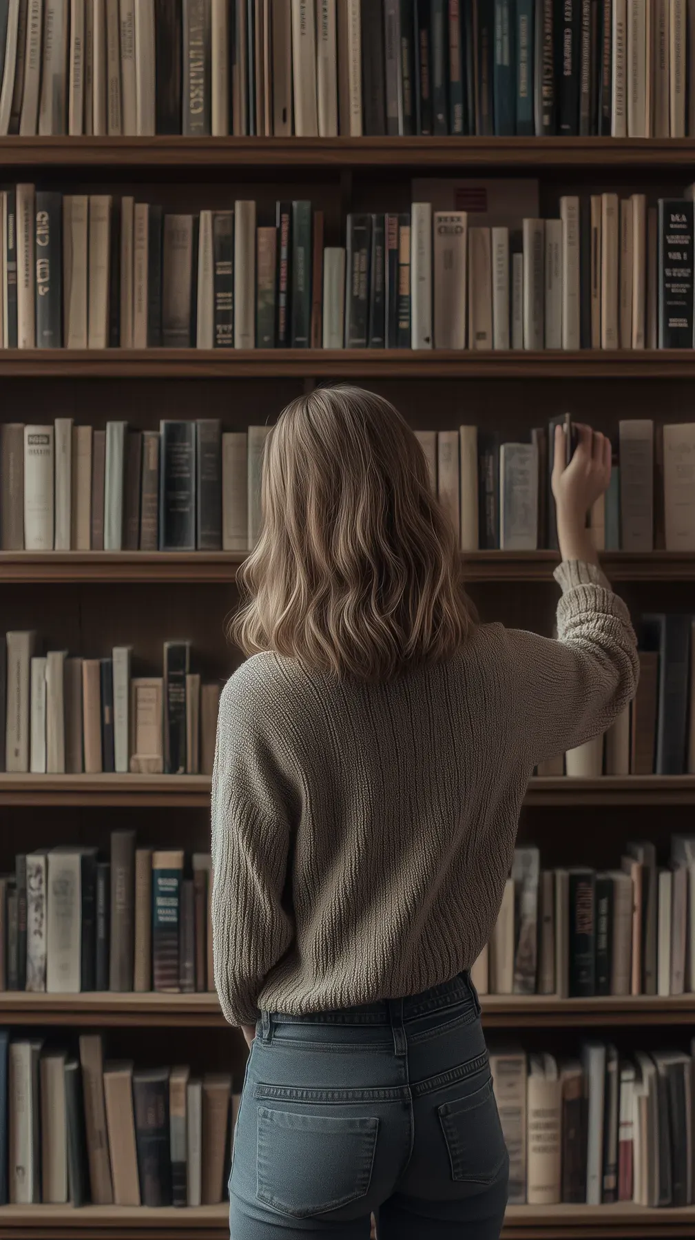 Une femme de dos choisit un livre dans une bibliothèque murale