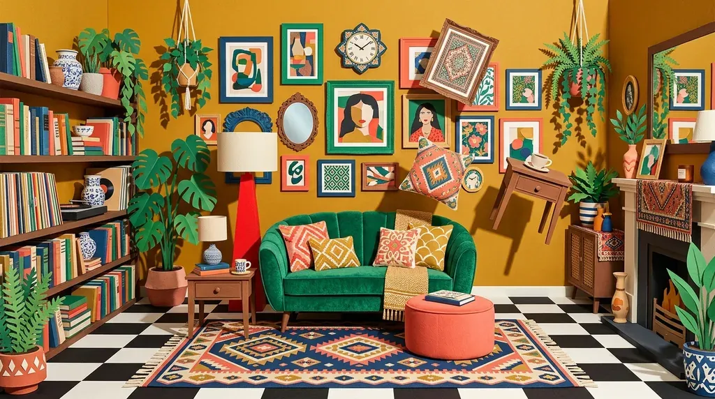 Illustration en papiers découpés d'un salon qui se compose pièce par pièce : tapis, fauteuil, lampe et cadres en aplats de terracotta, ocre et bleu canard
