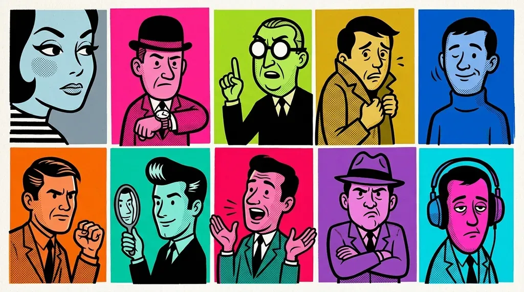 Sérigraphie pop : une grille de neuf portraits masculins stylisés en aplats de couleurs vives, chacun avec une expression différente