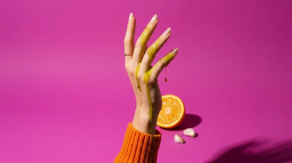 Nature morte pop : une main aux ongles longs et nets au-dessus d'un bol d'huile d'olive, avec une demi-orange et des gousses d'ail sur fond magenta