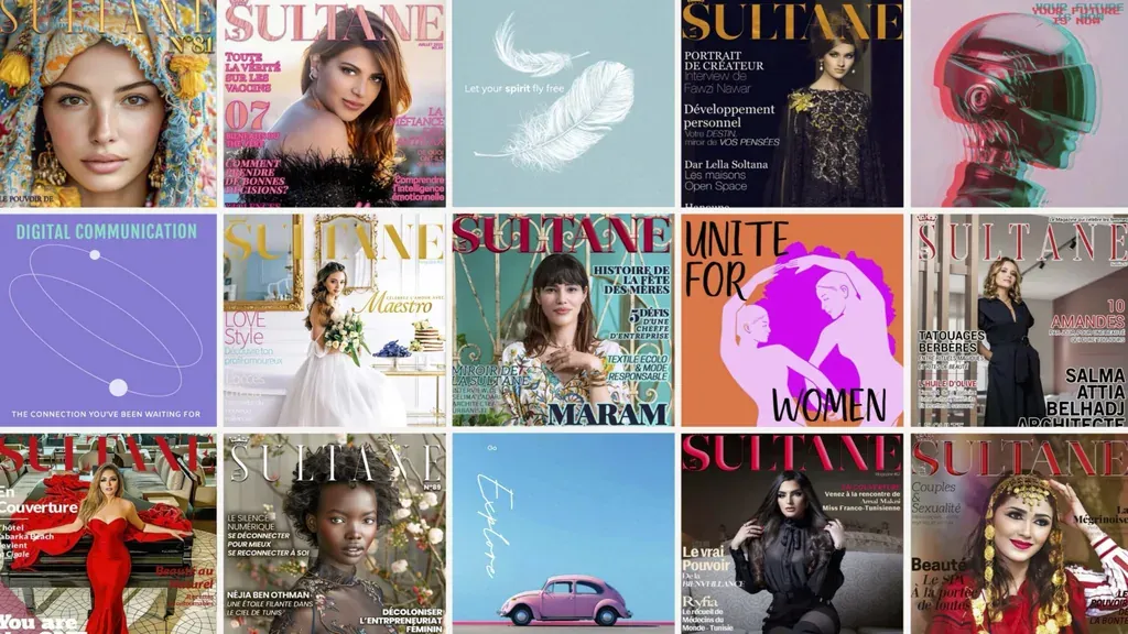 Mosaïque de couvertures du magazine La Sultane, plusieurs numéros côte à côte