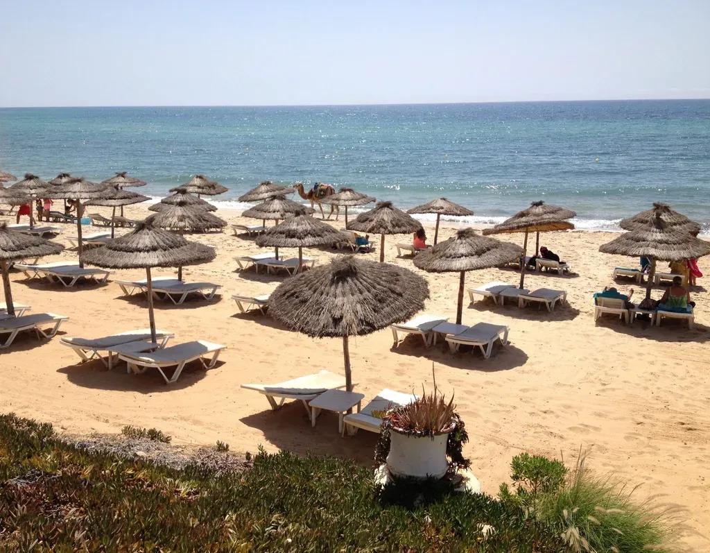 Rangées de parasols de paille et de transats sur la plage de Hammamet, baigneurs au bord d'une mer turquoise