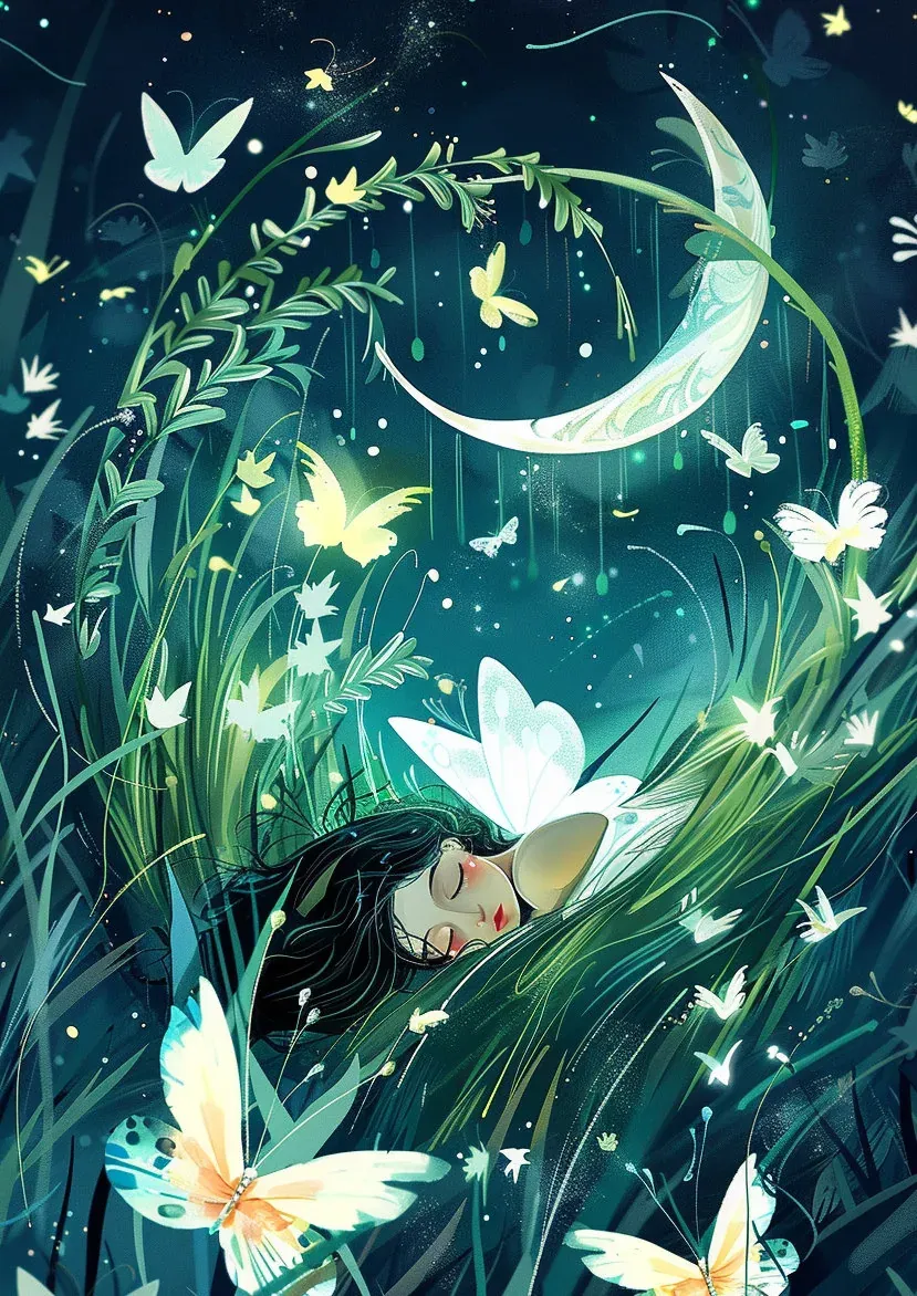 Illustration onirique d'une femme aux longs cheveux noirs endormie dans de hautes herbes, entourée de papillons lumineux et surmontée d'un croissant de lune, sur fond de nuit bleu-vert.