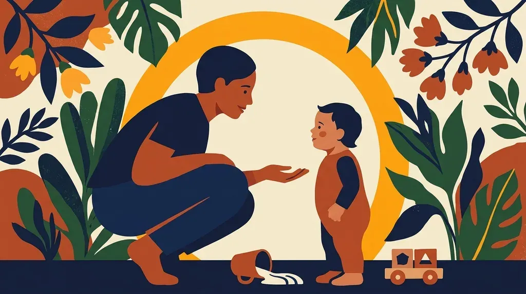 Illustration en grands aplats : un parent accroupi à hauteur des yeux de son tout-petit, main ouverte, sous un grand arc jaune, entourés de feuillages terracotta et vert forêt.