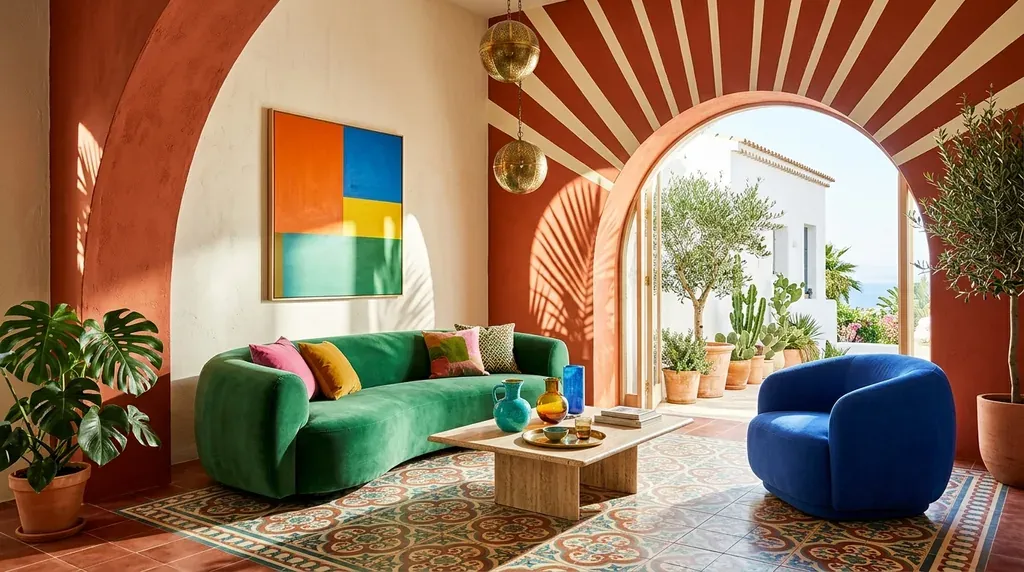 Intérieur photographié en plein soleil : mur terracotta saturé, canapé de velours vert, table en bois brut, laiton et grandes plantes