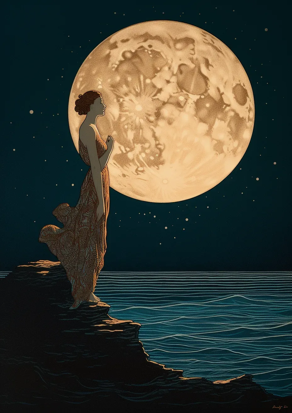 Illustration d'une femme contemplant la pleine lune au bord de la mer, évoquant la sérénité intérieure