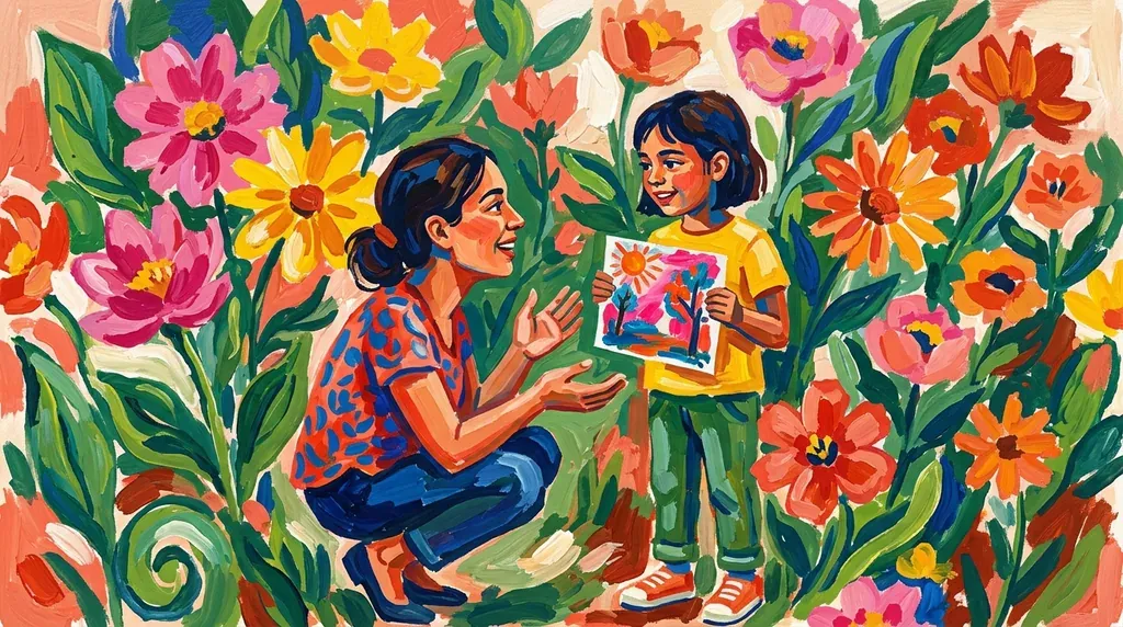 Peinture à la gouache d'un parent accroupi à hauteur de son enfant, mains ouvertes, dans une lumière chaude aux couleurs vives