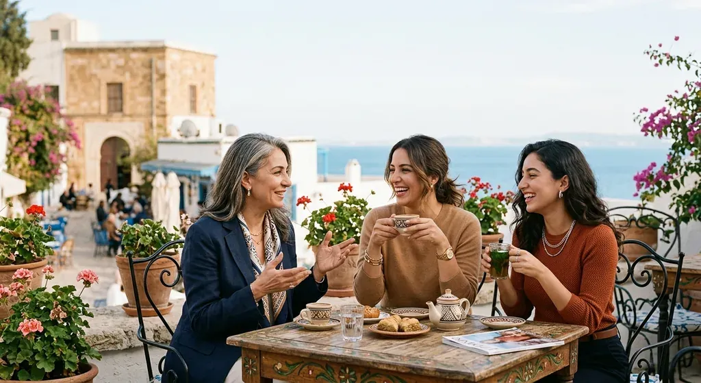 Trois femmes en grande conversation à une terrasse de café