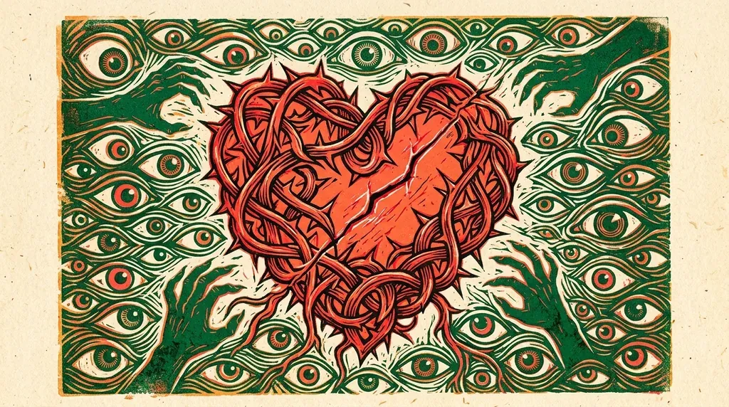 Linogravure moderne : un cœur formé de ronces enchevêtrées, une fine fissure au centre, encres vermillon et vert émeraude