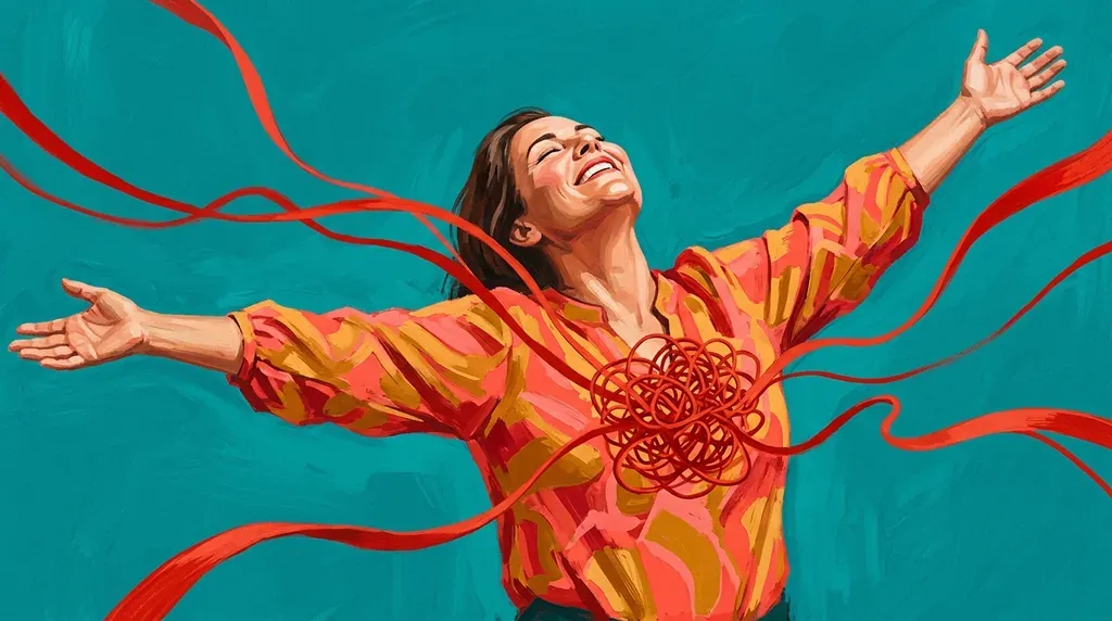Illustration : une femme aux bras grands ouverts, tête renversée, un écheveau de fils rouges se dénouant depuis sa poitrine en longs rubans qui s'envolent, sur fond turquoise saturé
