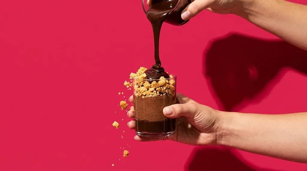 Gros plan à contre-jour d'une verrine de mousse au chocolat : ganache sombre, mousse aérée et éclats de crumble doré, sur fond ambre lumineux