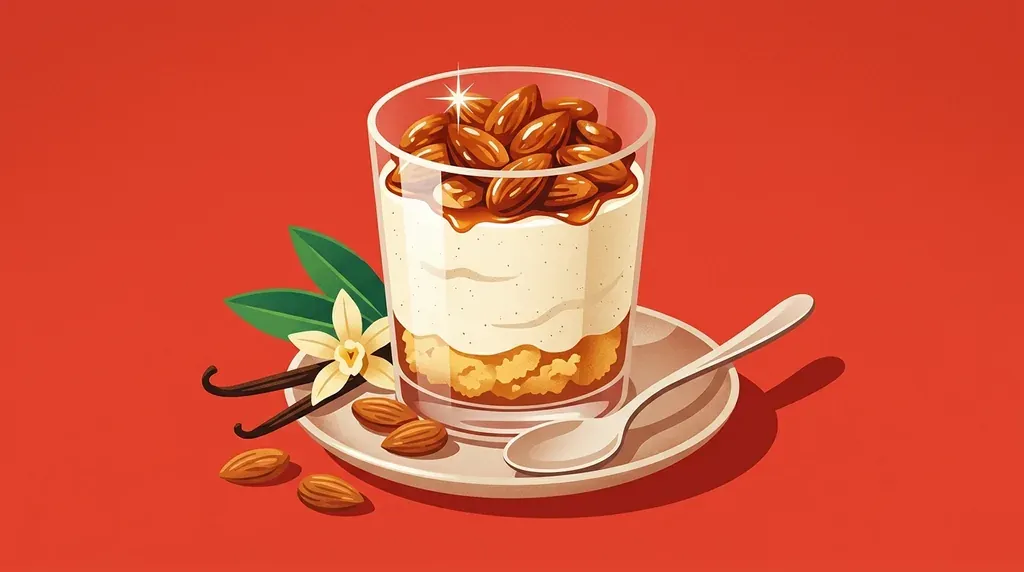 Illustration en aplats d'une verrine de mousse à la vanille : couche de madeleine émiettée, mousse ivoire et couronne d'amandes caramélisées