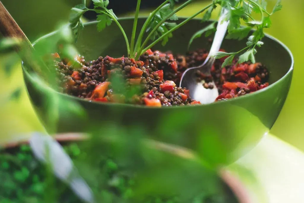 Bol de salade de lentilles aux légumes frais et persil