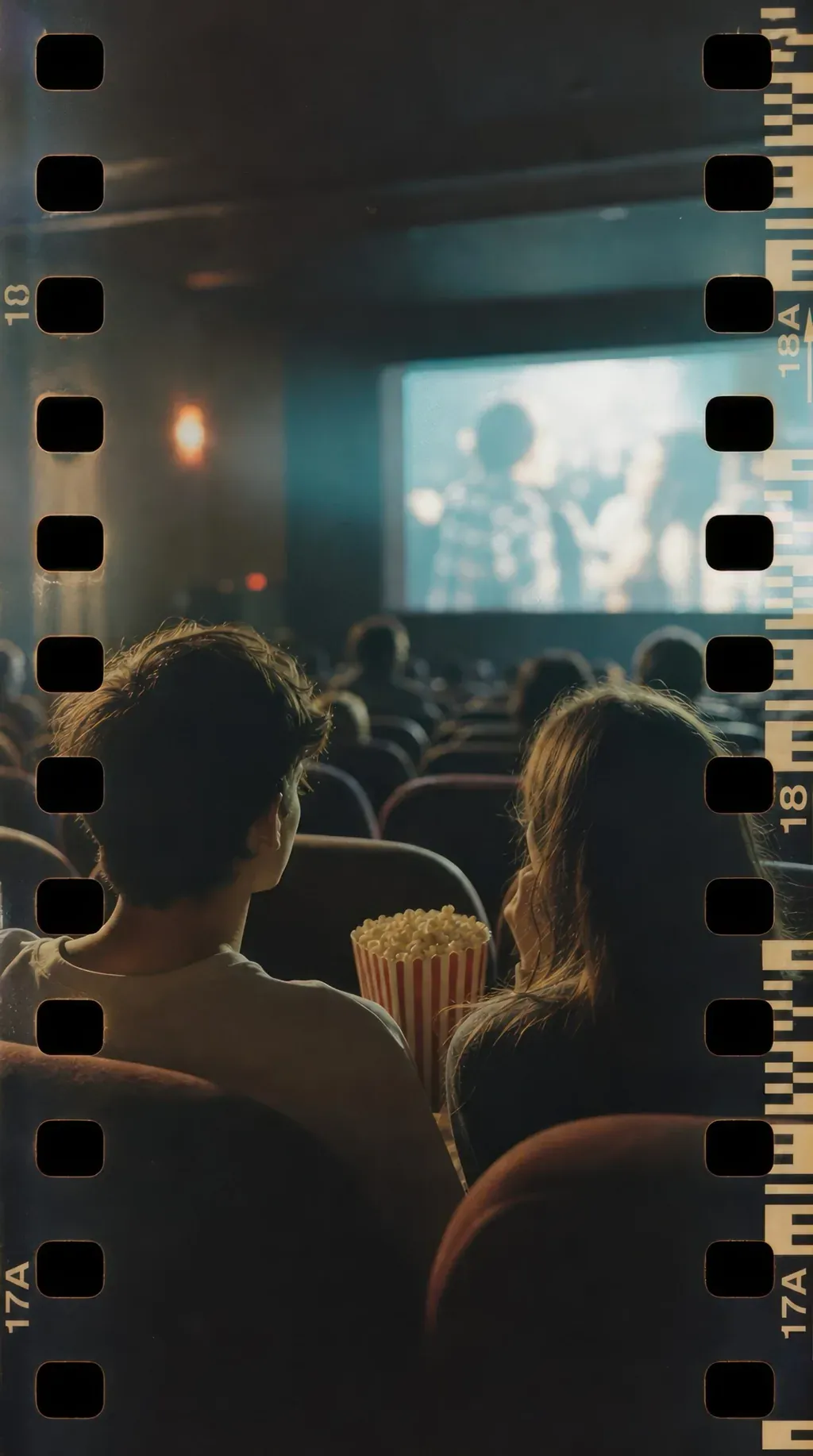 Spectateurs en salle obscure devant l'écran, popcorn à la main, bordure de pellicule