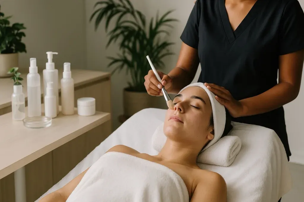 Soin esthétique du visage en institut, praticienne au pinceau