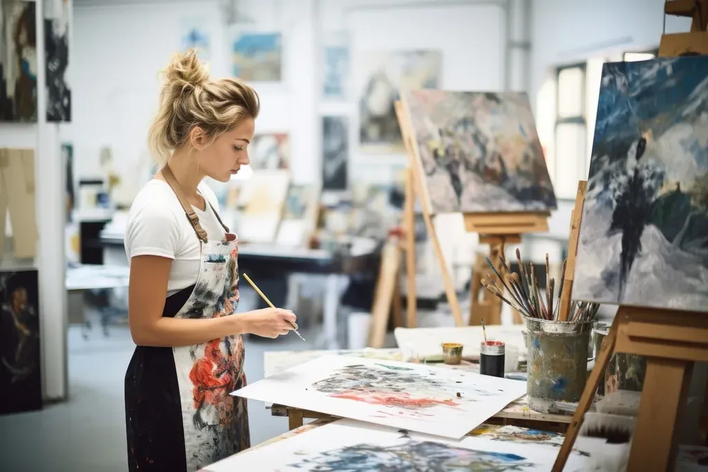 Artiste peintre au travail dans son atelier, entourée de toiles