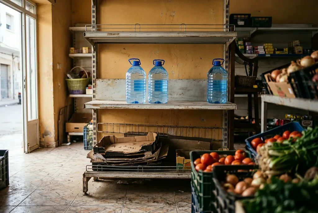 Les rayons presque vides d’une épicerie tunisienne, où ne restent que quelques bonbonnes d’eau minérale.