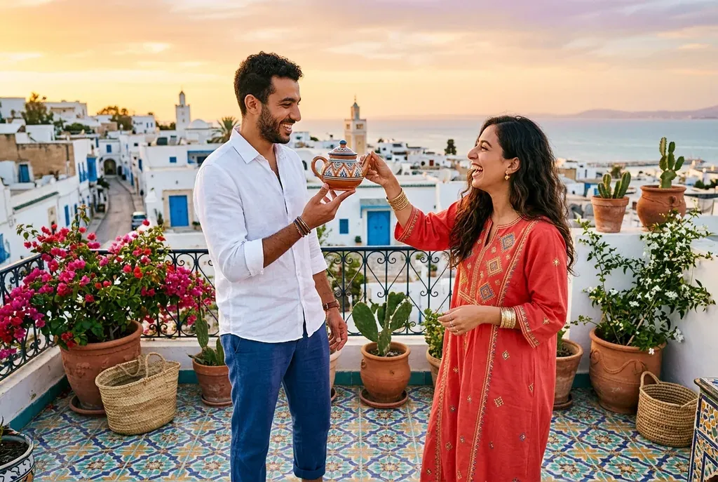 Un couple rit et partage un moment complice sur un toit tunisien baigné de lumière dorée, entourés de céramiques colorées et de plantes méditerranéennes.