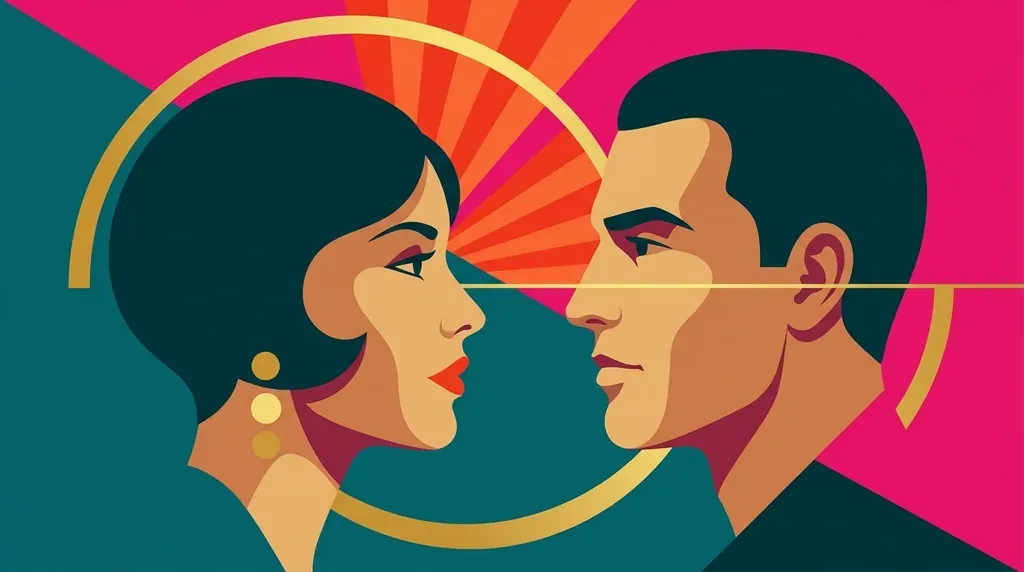 Illustration art déco contemporaine : deux profils qui se font face, une femme et un homme, regards reliés par un fil d'or, sur un fond partagé bleu canard et magenta.