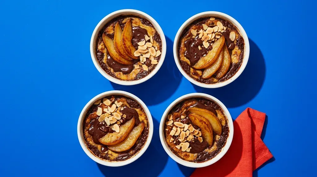 Quatre ramequins de gratin poire-chocolat vus de dessus sur un fond bleu électrique, poires dorées et coulée de chocolat noir brillant