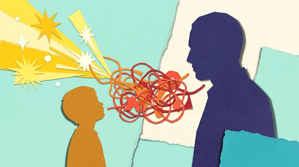 Collage de papier découpé : une grande silhouette parentale et une petite silhouette d'enfant reliées par des fils emmêlés qui se dénouent vers la lumière.