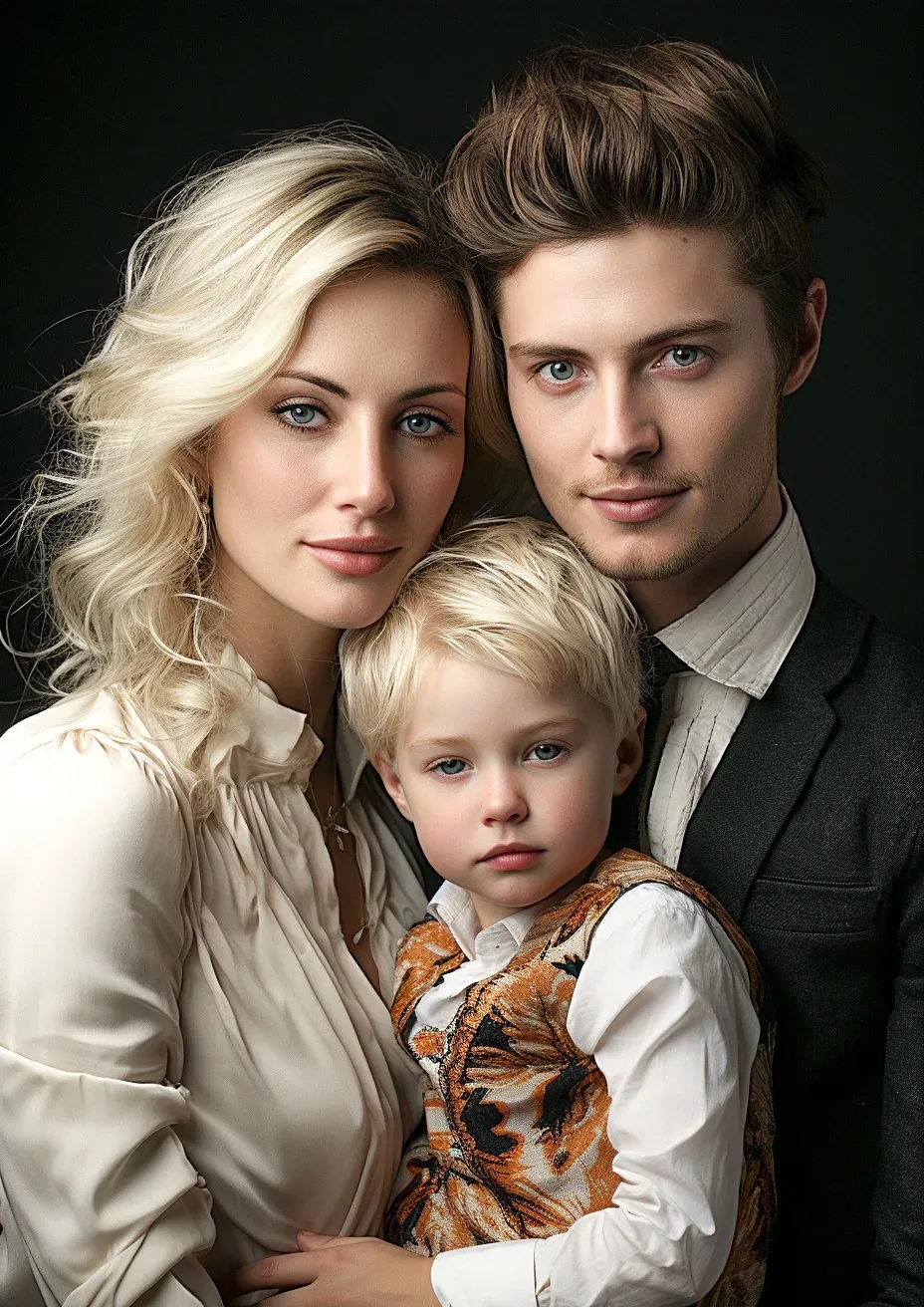 Portrait de famille : deux parents et leur enfant, posant tendrement ensemble