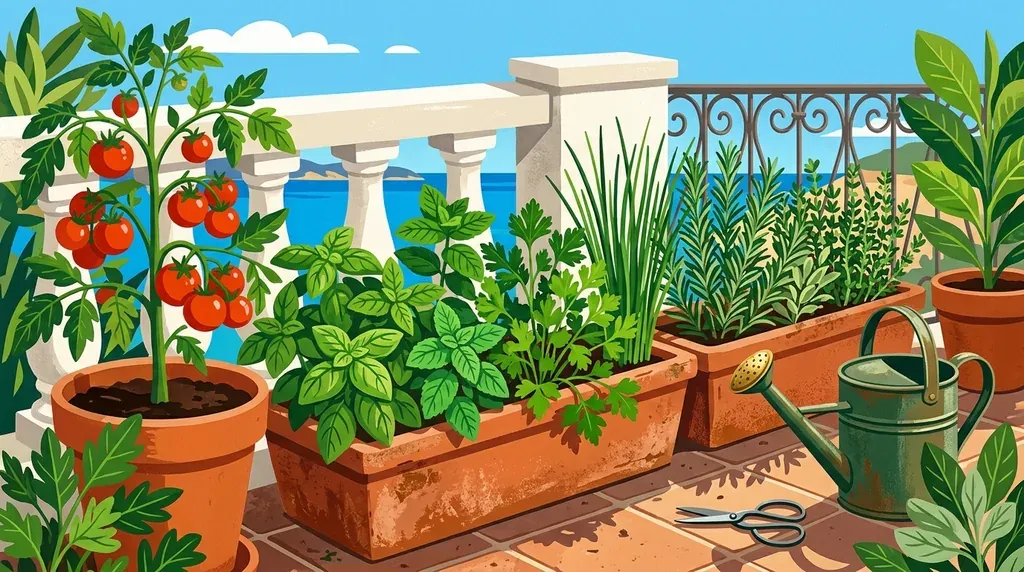 Illustration botanique moderne : jardinières de basilic, menthe, romarin et thym alignées sur un balcon méditerranéen baigné de soleil.