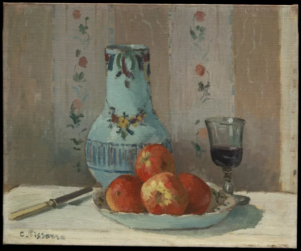 Nature morte : pommes dans une assiette, verre de vin et couteau