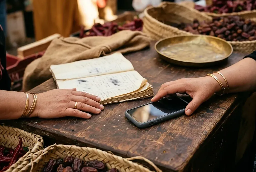 Les mains d’une commerçante posées sur un registre de comptes en papier, à côté d’un smartphone, sur l’étal d’un marché de gros.