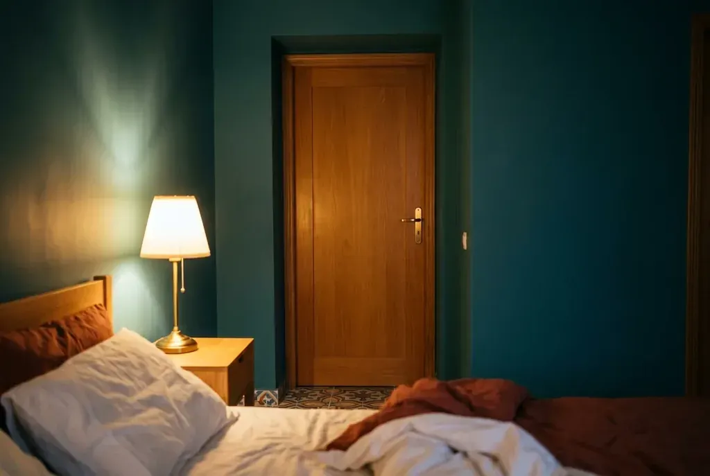 La porte close d’une chambre, vue de l’intérieur, dans la lumière chaude d’une lampe de chevet.
