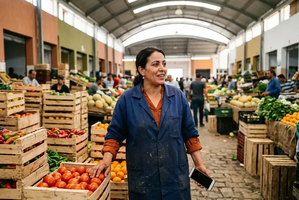 Une commerçante d’un marché de gros tunisien, smartphone à la main, au milieu des cageots de fruits et légumes.