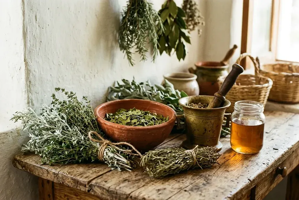 Plantes médicinales tunisiennes — armoise, thym, henné et romarin — posées sur une table en bois d’olivier.