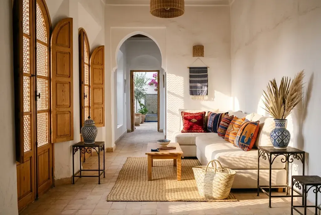 Un salon tunisien contemporain meublé d’artisanat local : coussins kilim, céramique de Nabeul, natte tressée et lumière de persiennes.